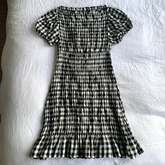 Doen Rizzo Linen Smocked Boat Neck Short Puff Sleeve Mini Dress Marilyn Gingham - Picture 8 of 16